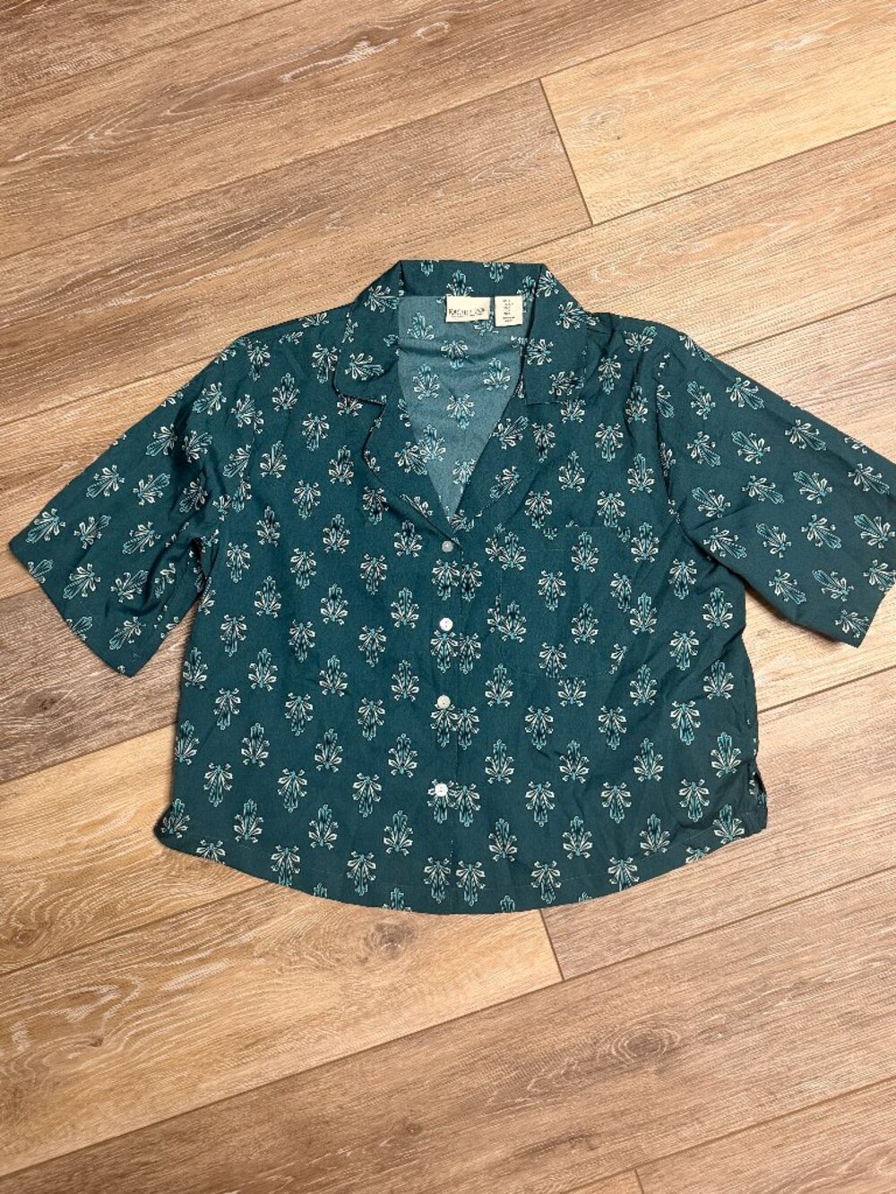 Rachel Zoe Teal Print Camp Collar Crop Top